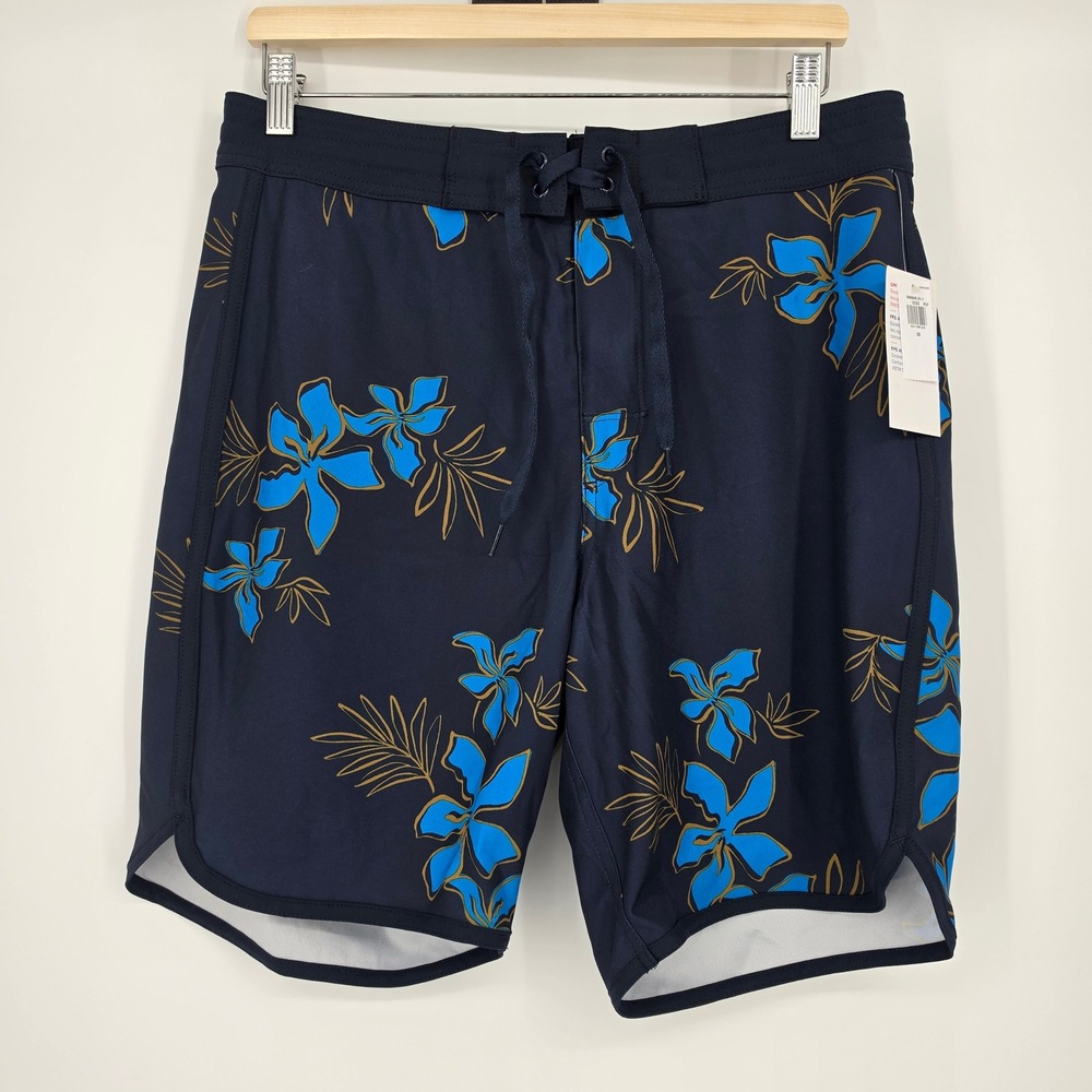 Old Navy Board Shorts 32 Navy Blue Floral Tropical Surf UPF 40 8" Inseam